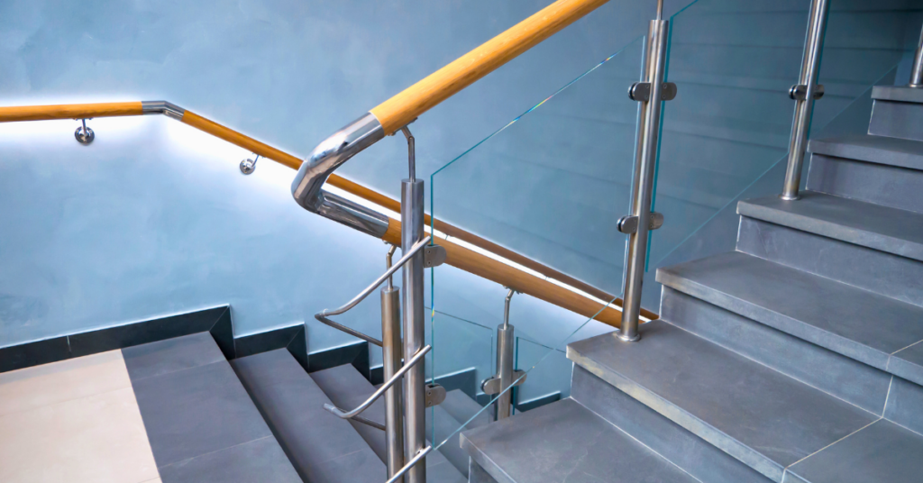 interior of a commercial building with glass railings