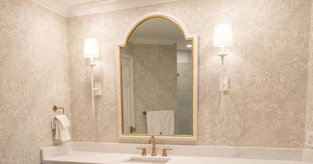 An elegant bathroom mirror repaired by The Glass Guys.